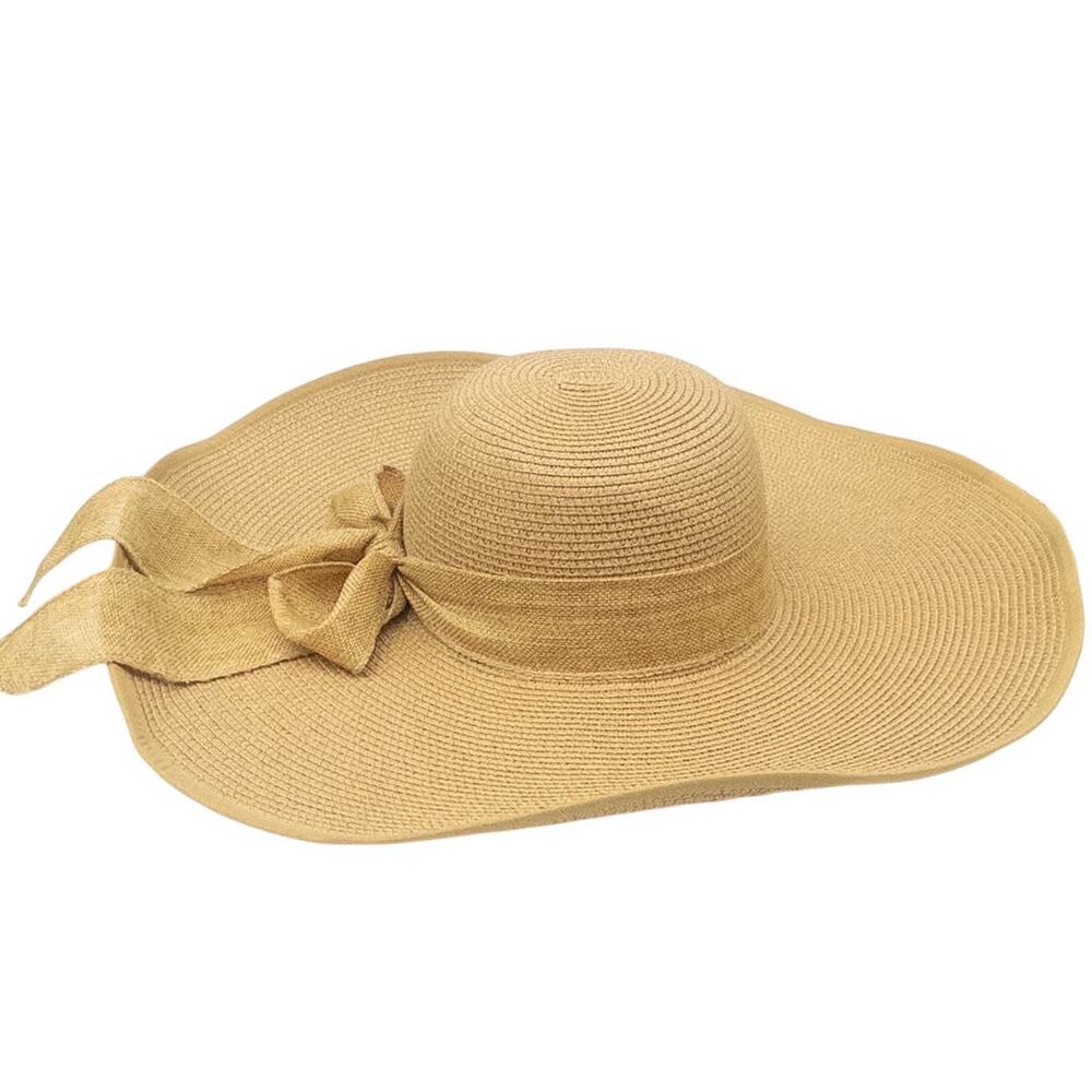 Floppy Straw Beach Sun Hat Women OS Tan Packable Wide Brim Bow Adjustable